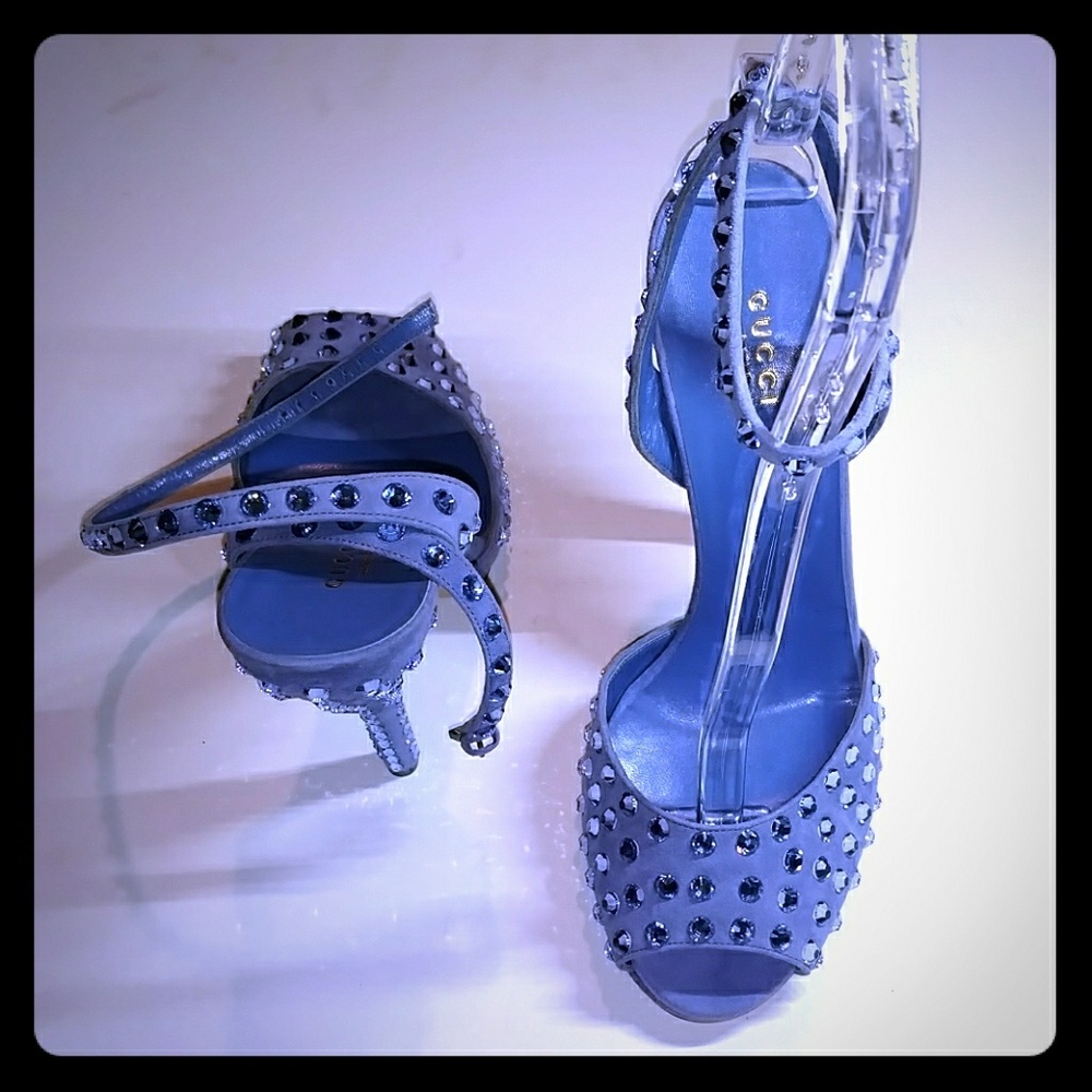 GUCCI "YULIA" PERIWINKLE CRYSTAL SUEDE SANDALS - Picture 2 of 8